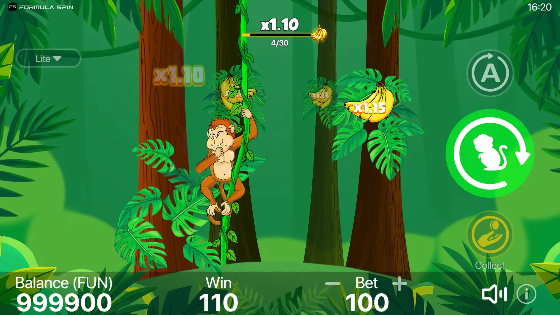 Gameplay in X-Monkey's Lite difficulty mode with a low multiplier, illustrating the slow and steady pace of the safest game setting.