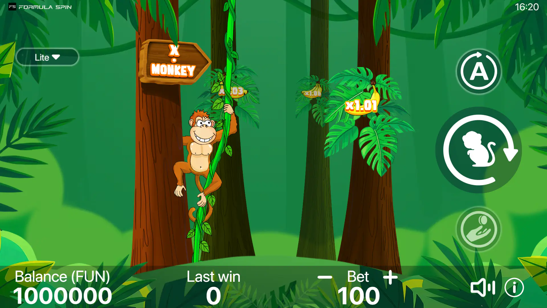 The X-Monkey game screen at the beginning of a round, showing the monkey on a vine and the initial 1.01x multiplier, demonstrating the starting point for players.