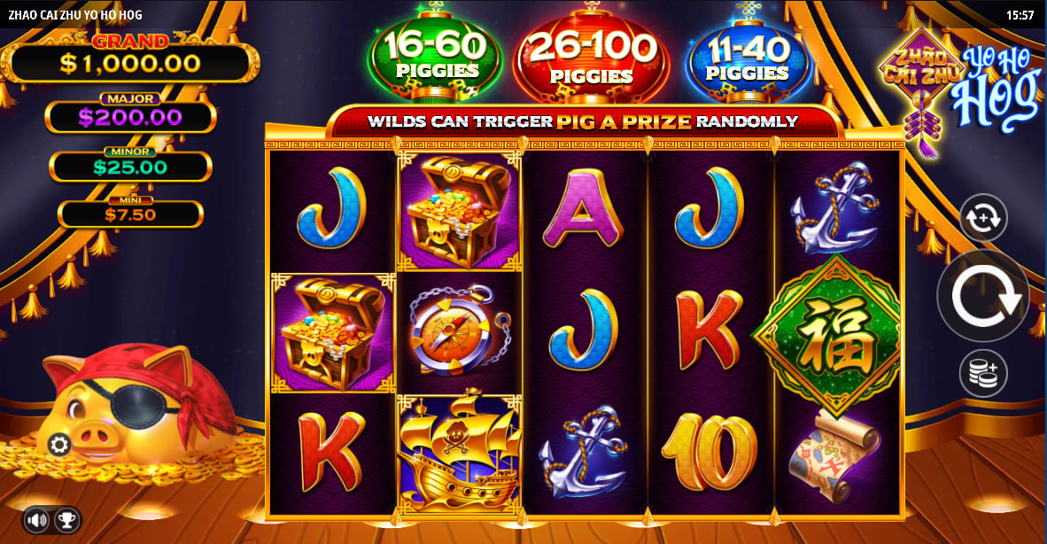 Main 5-reel grid of Zhao Cai Zhu Yo Ho Hog slot showing pirate symbols and fixed jackpot values for player reference.