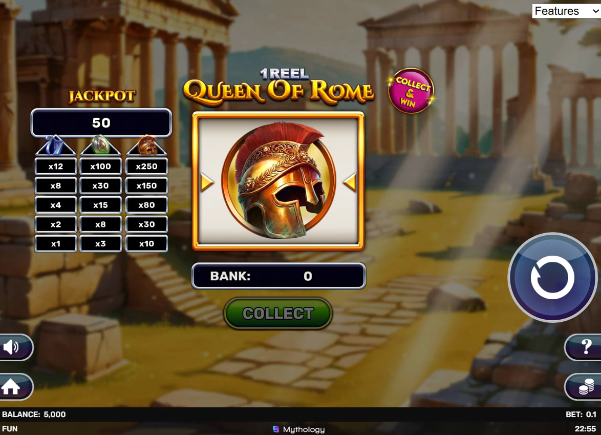 Golden Helmet symbol landing on the single reel to advance the highest paying ladder in the Roman arena.