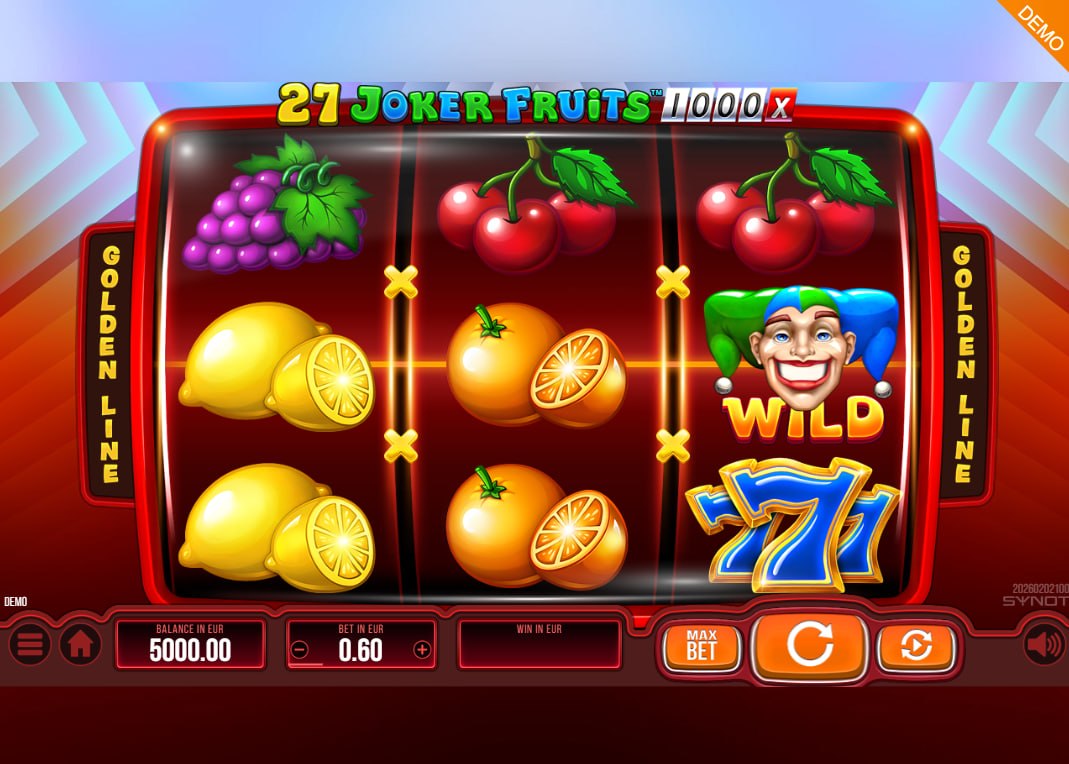 3x3 grid of 27 Joker Fruits 1000 slot showing cherries and lemons on the reels to illustrate the base game interface for the player.