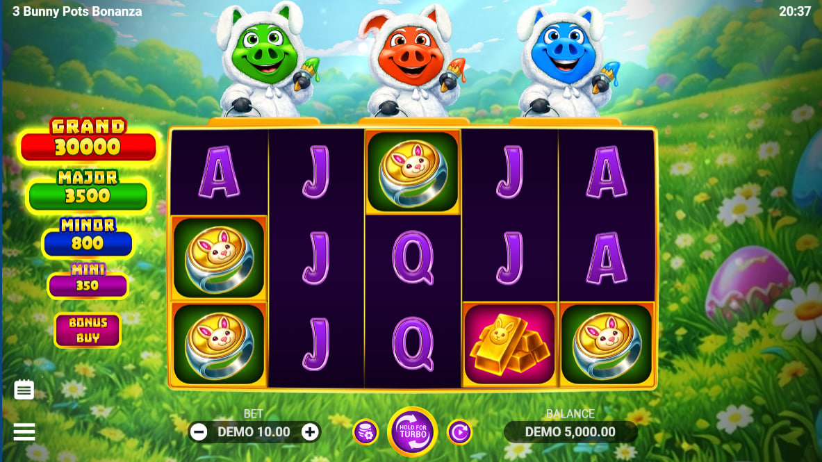 3 Bunny Pots Bonanza 5x3 slot grid with blue, red, and green bonus pots showing the visual interface and pot collection mechanic.