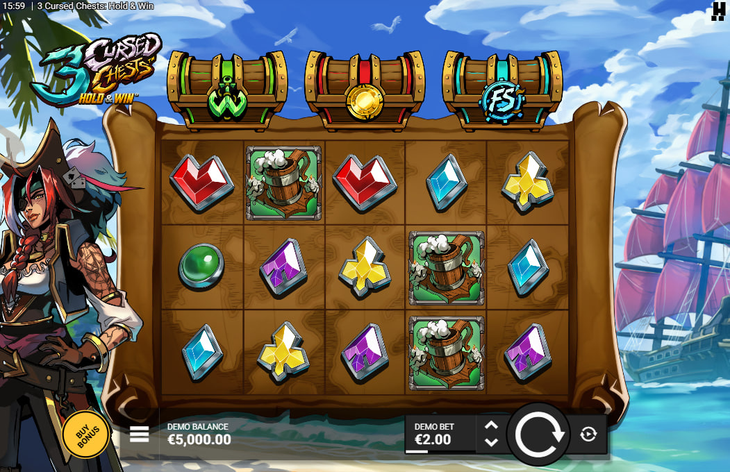 3 Cursed Chests slot base game interface showing the 5x3 grid with pirate gems and three colored chests for bonus tracking.