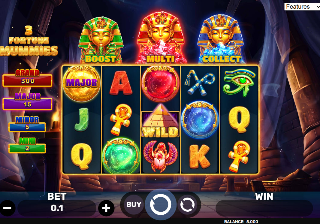 Main gameplay screen of 3 Fortune Mummies slot showing the 5x3 grid and the three mummy modifiers at the top for player orientation.