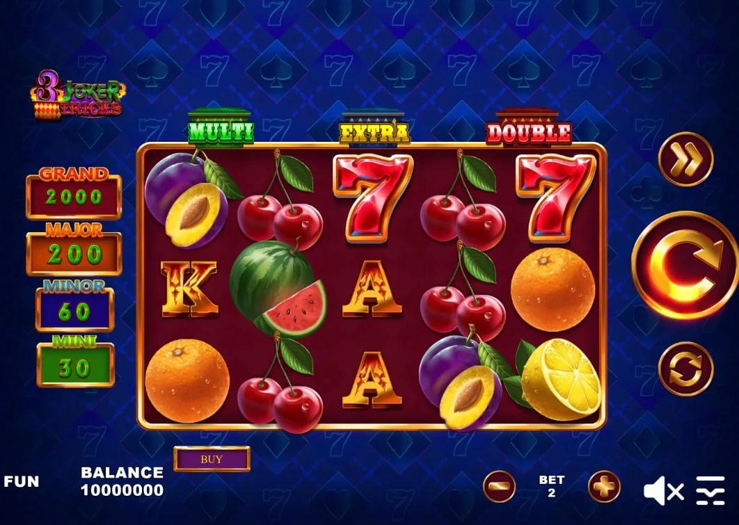 5x3 reel grid of 3 Joker Tricks slot with cherries and sevens, showing the classic fruit machine interface and high-contrast design.