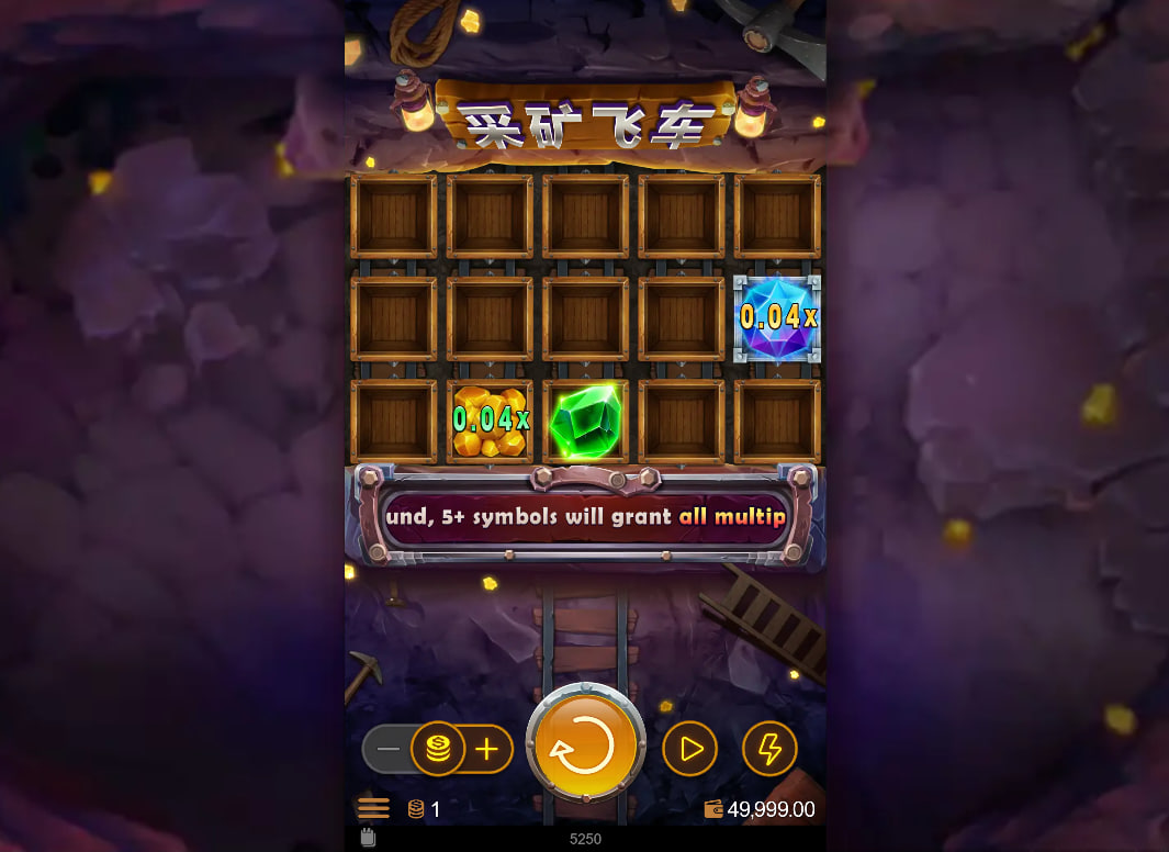 3 Lucky Minecarts Hold & Win main game screen showing the 5x3 grid and the three colored carts that trigger special modifiers for the player.