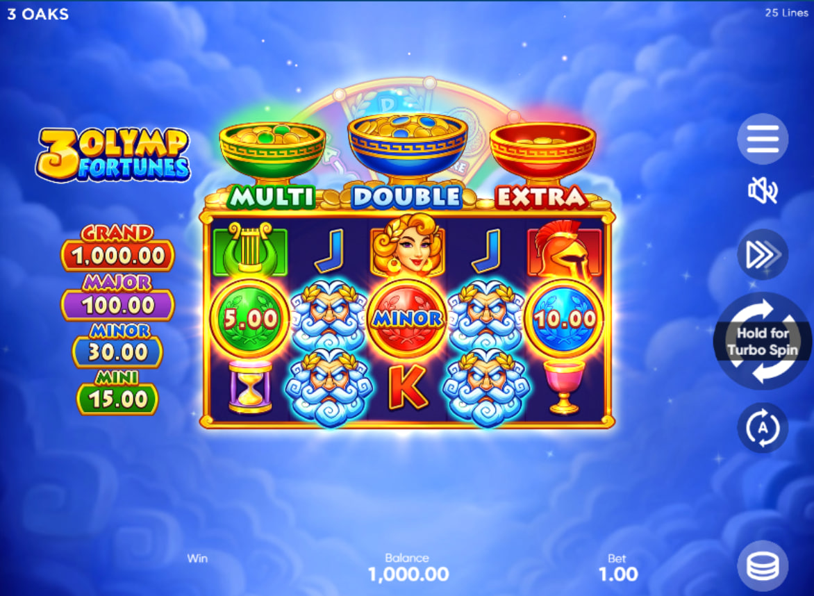 Main 5x3 grid of 3 Olymp Fortunes slot featuring Greek god symbols and jackpot values, providing a look at the base game interface.