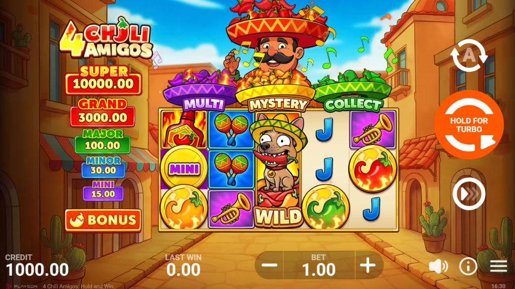 Main 5x3 reel grid of 4 Chili Amigos slot showing Mexican street theme and high-value symbols for base game balance tracking.