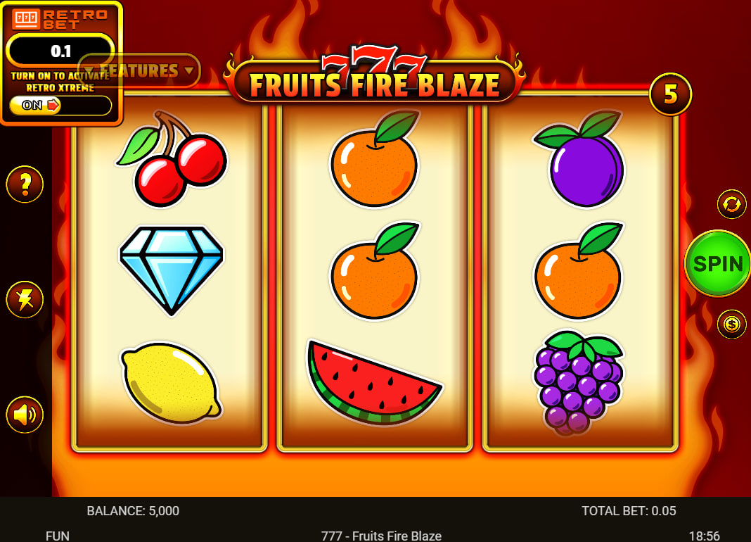 777 - Fruits Fire Blaze 3x3 slot grid with burning background and fruit symbols showing the main user interface.