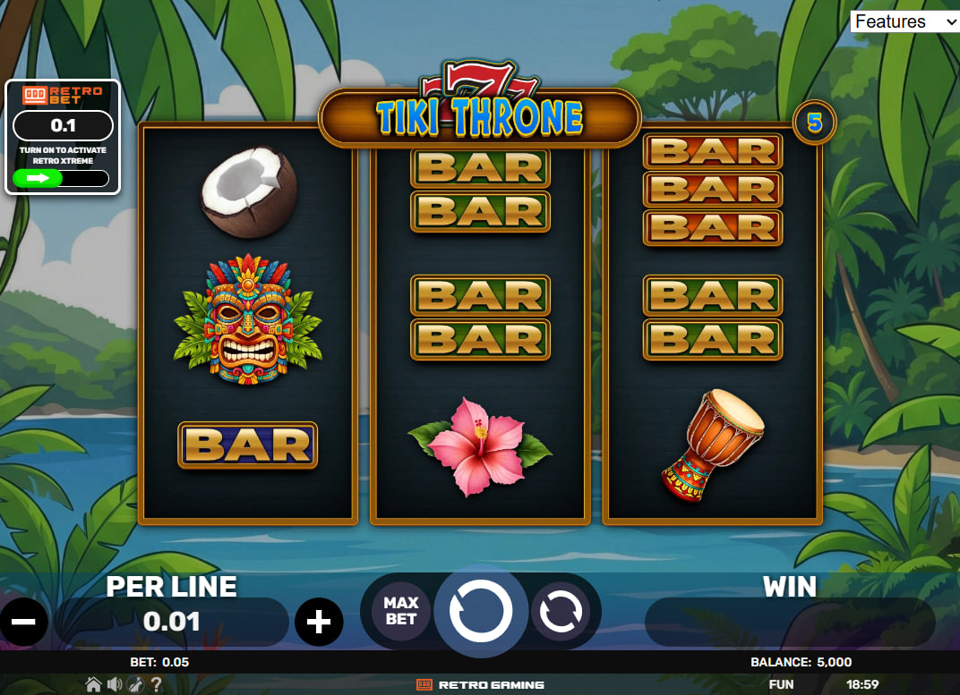 777 - Tiki Throne slot main interface showing a 3x3 grid with tiki masks and tropical flowers on a beach background, providing a clear view of the game atmosphere.