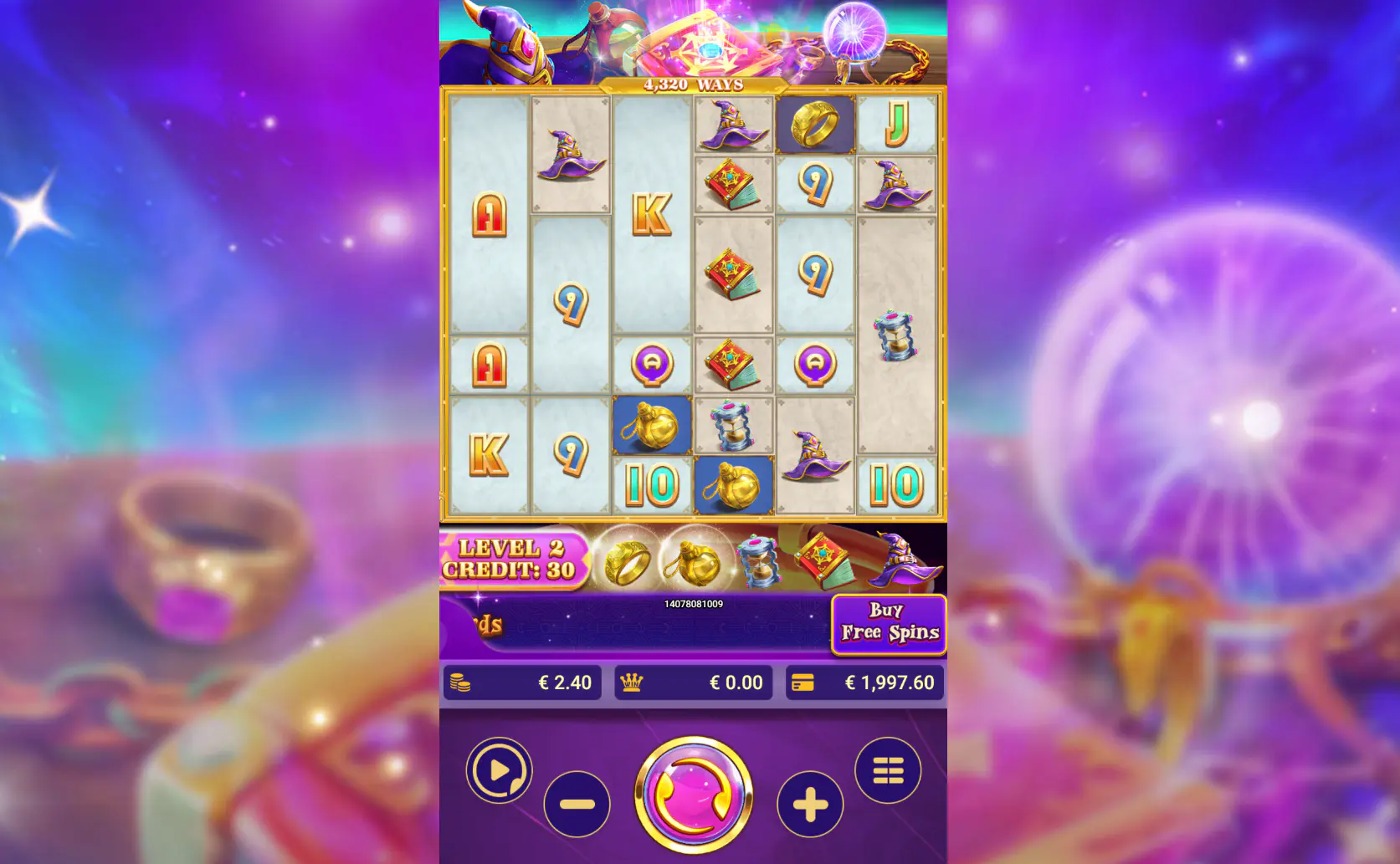 Alchemy Quest Level Up base game screen with 6 reels and a tall symbol grid, showing the slot layout players track each spin