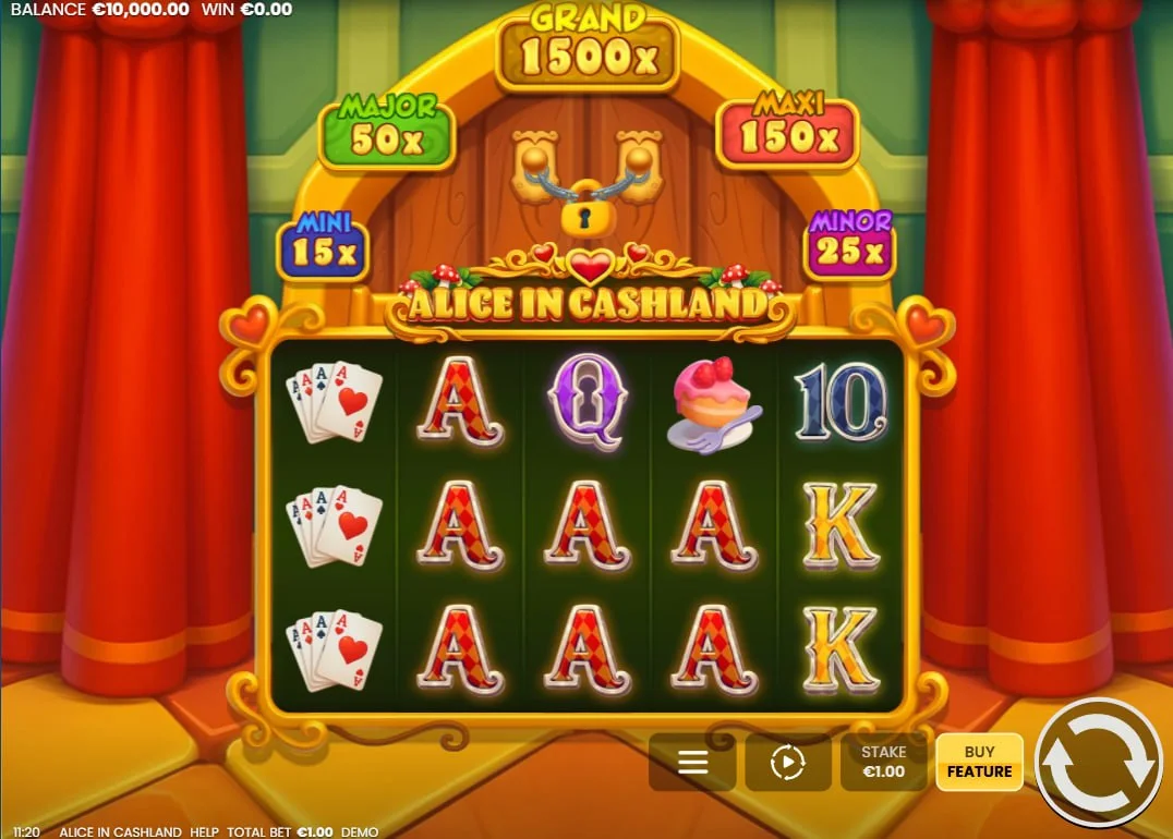 Alice in Cashland slot base game grid with high-value symbols and the 1500x Grand Jackpot display above the reels.