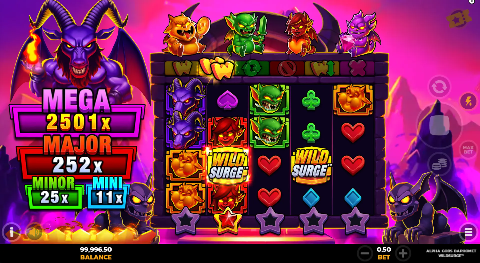 The main 5x4 reel layout in the Alpha Gods Baphomet WildSurge slot, showing the jackpot values and bonus pots.