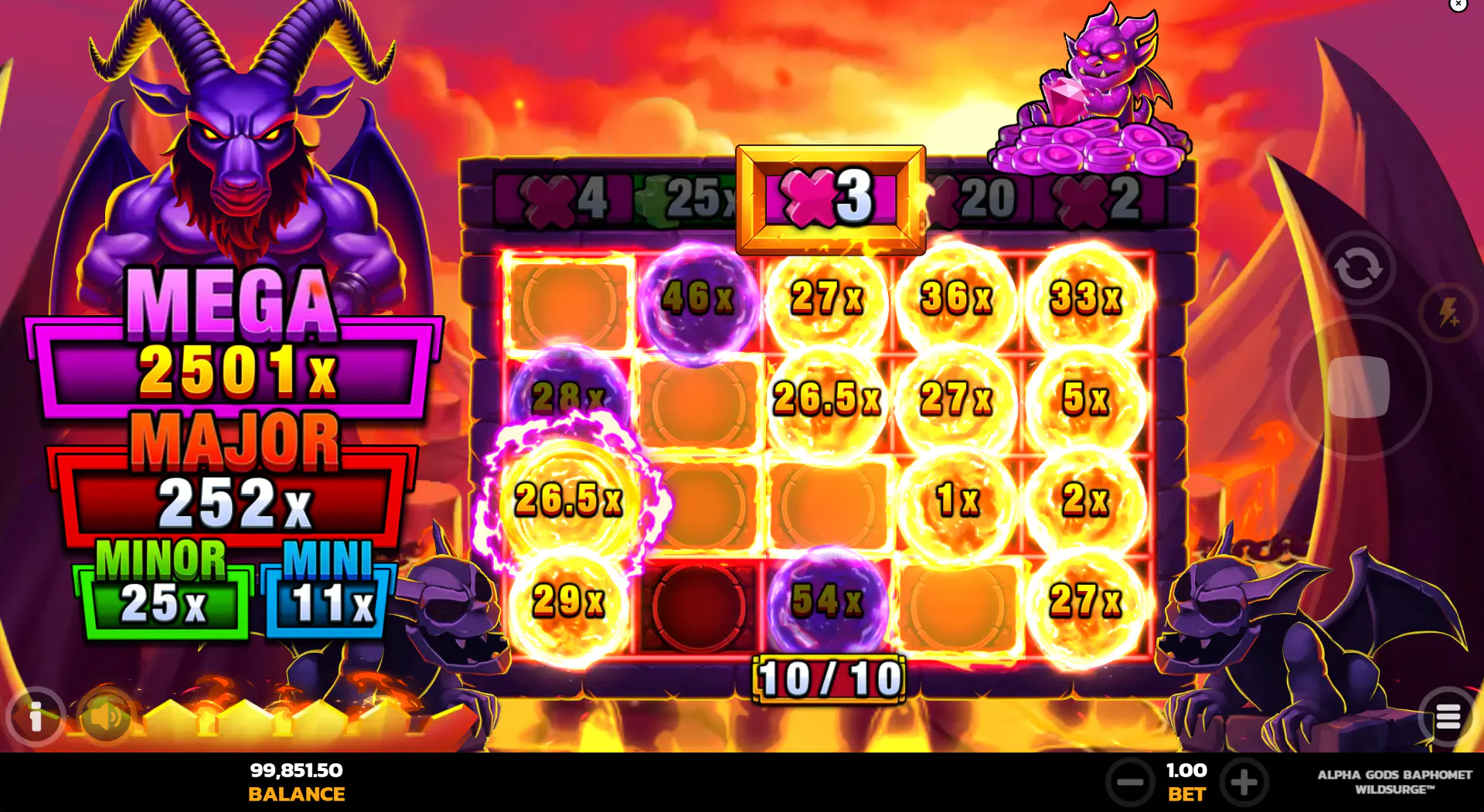 The UpZones LockNWin bonus round, a hold-and-win feature with cash value fireballs and a special modifier reel at the top.