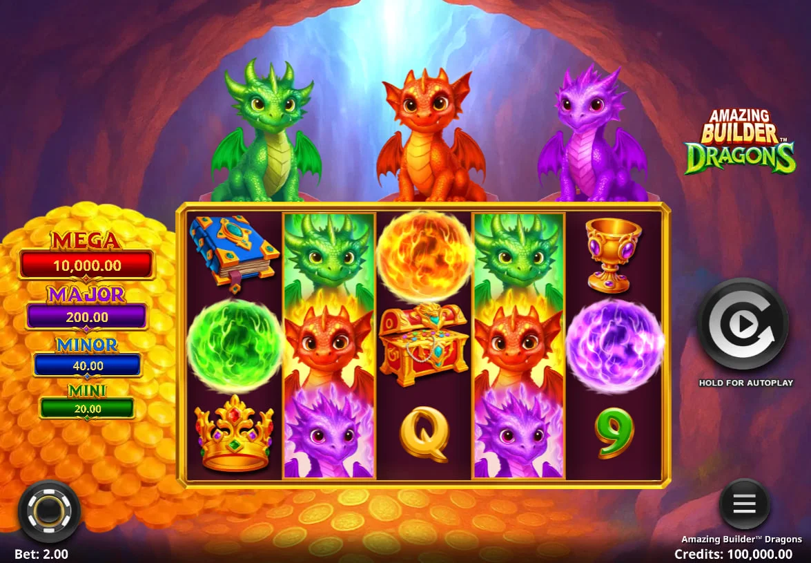 Amazing Builder Dragons slot base game interface showing five reels, three colored dragons, and four fixed jackpot values on a gold pile background.