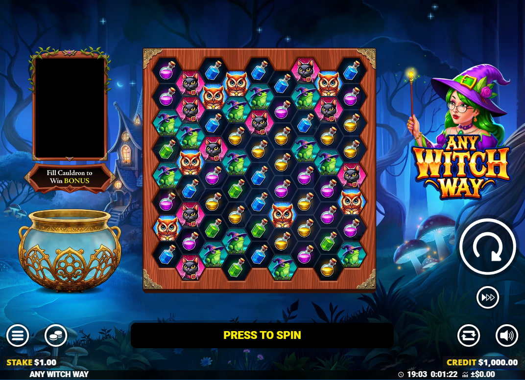 Hexagonal grid of Any Witch Way slot with magic symbols and witch character, showing the unique layout for player orientation.