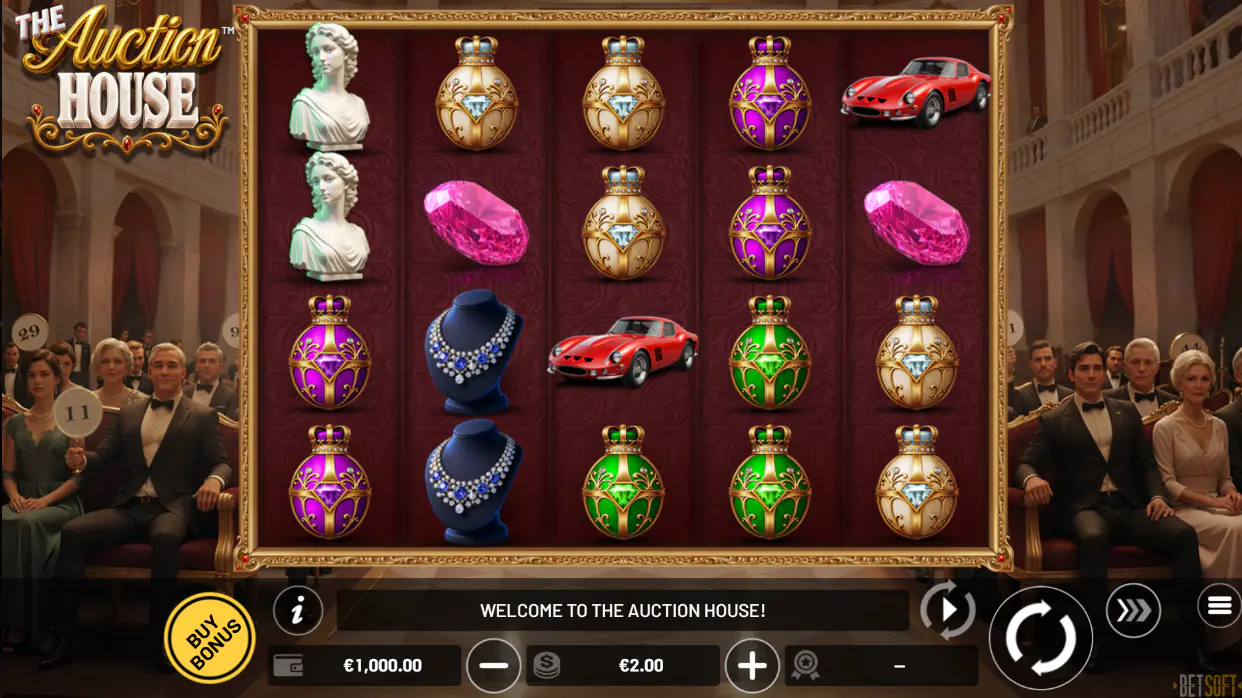 5x4 slot grid displaying luxury symbols like sports cars and gems during base game, showing the standard layout for players