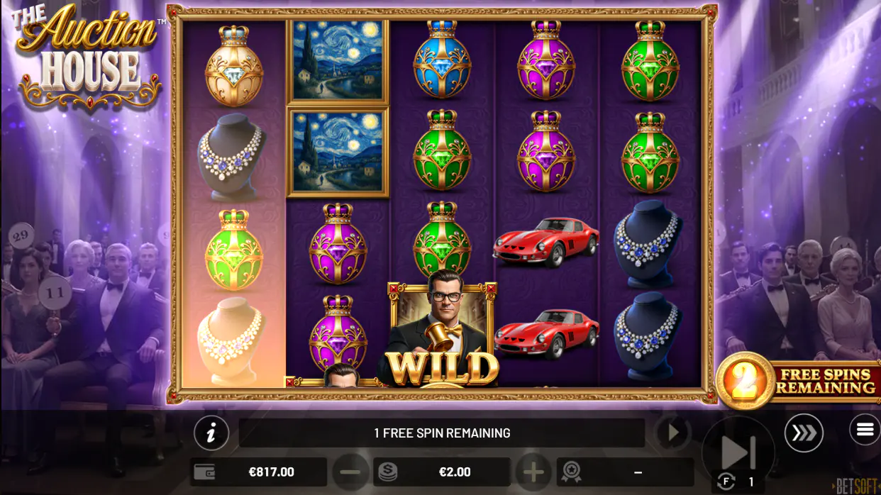 Purple-themed Free Spins grid with luxury symbols and a spin counter at the bottom right, demonstrating the bonus round atmosphere