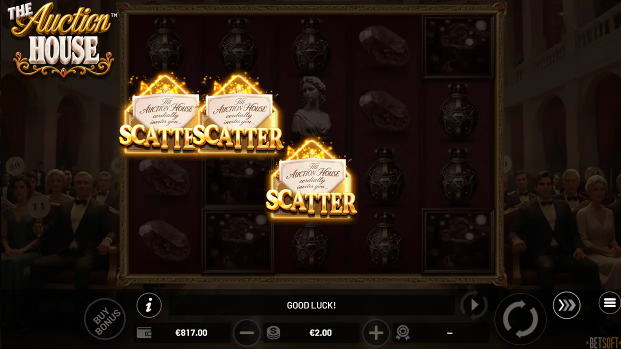 Three golden invitation Scatter symbols landing on the dark grid to trigger the bonus round, highlighting the main feature entry point