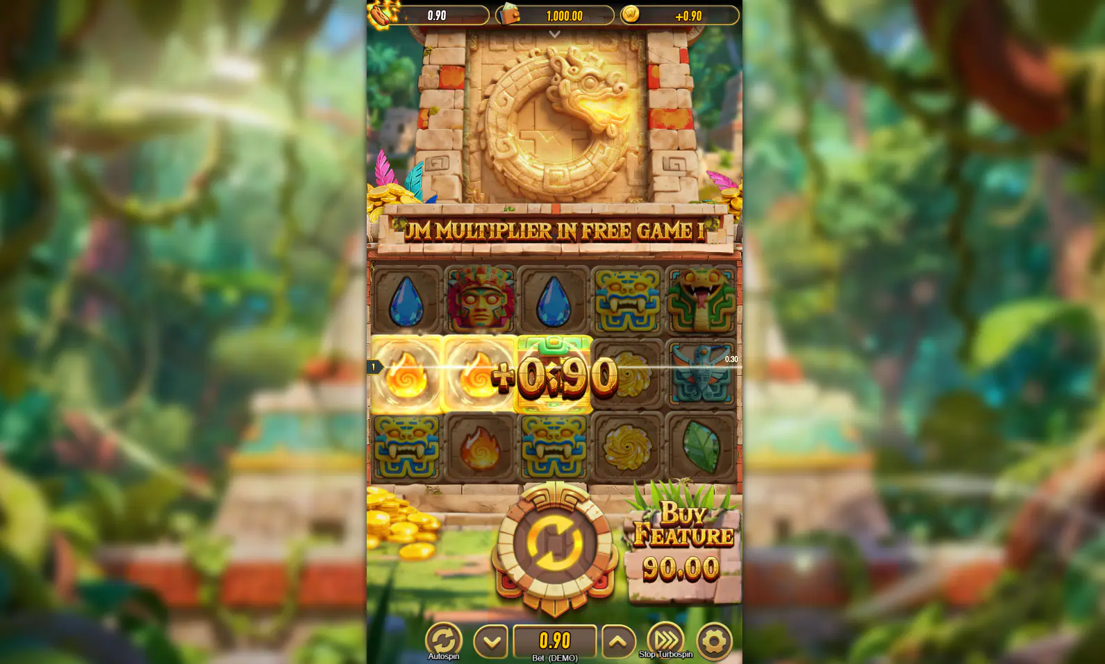 Aztec Hunt base game screen with the main reels and feature buy button, showing the regular layout players see before the bonus