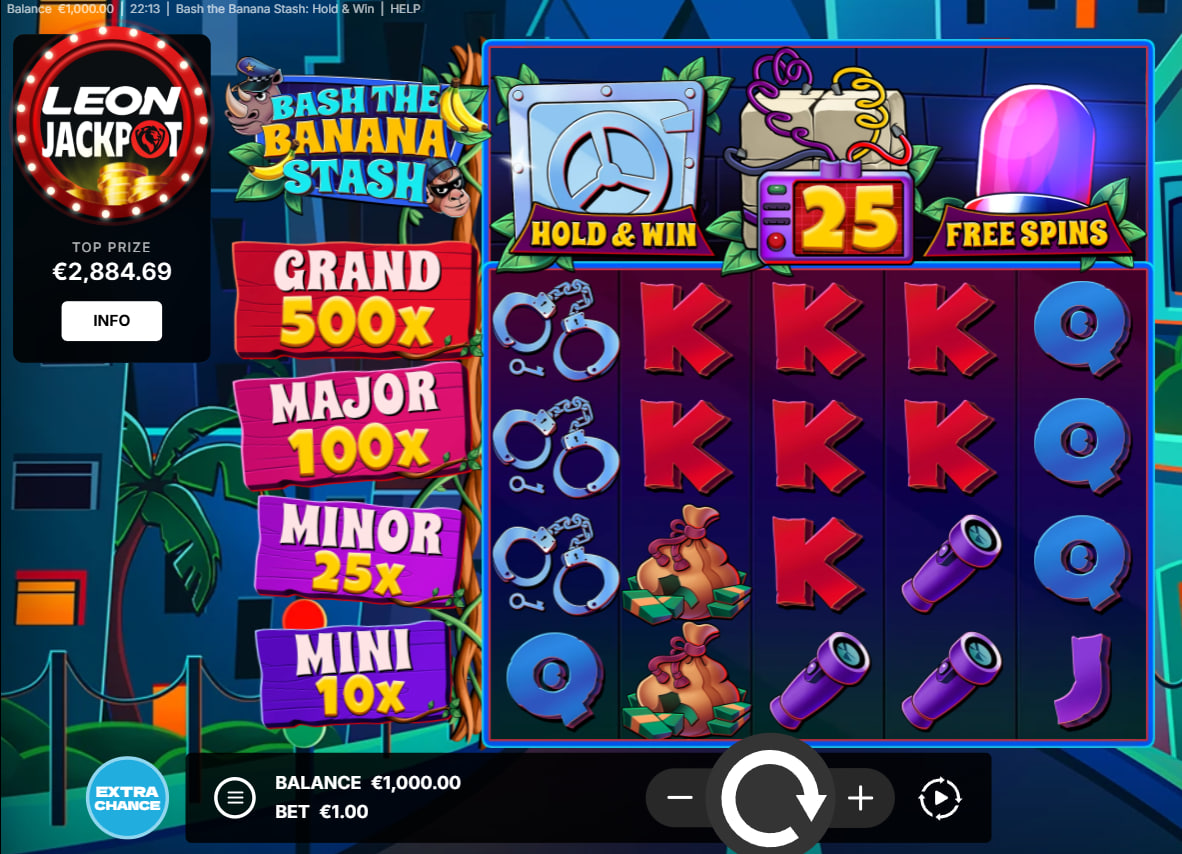 Main game interface of Bash the Banana Stash slot showing the 5x3 grid and the four fixed jackpots on the left for player reference.
