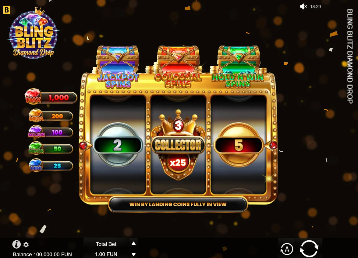 Main 3x3 grid of Bling Blitz Diamond Drop slot featuring the central Collector symbol and three feature chests above the reels.