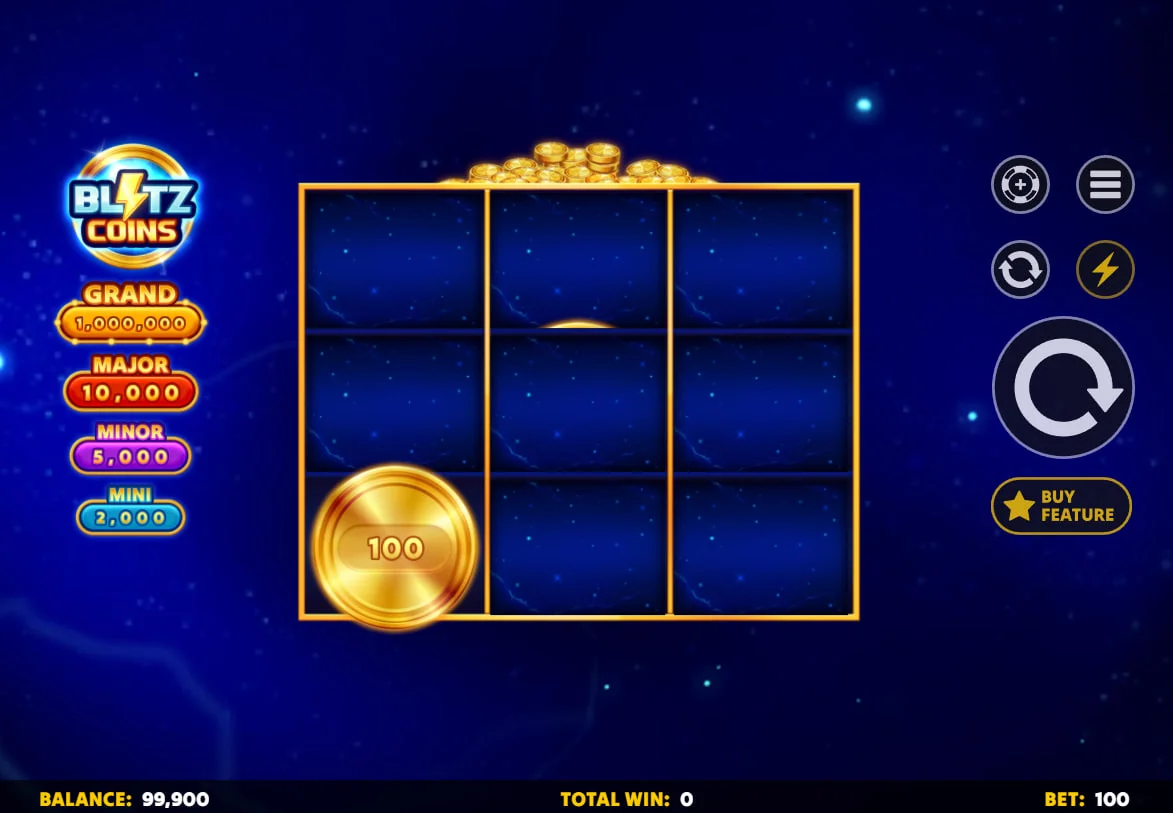 Blitz Coins 3x3 grid display with Grand Major Minor and Mini jackpots visible on the left side of the screen
