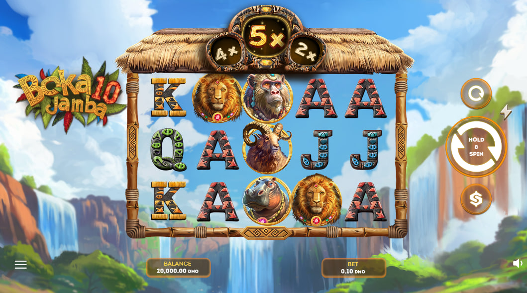 Boka Jamba 10 paytable showing the Jamba top symbol and Wild staff on the rules screen, clarifying the highest payouts for players.