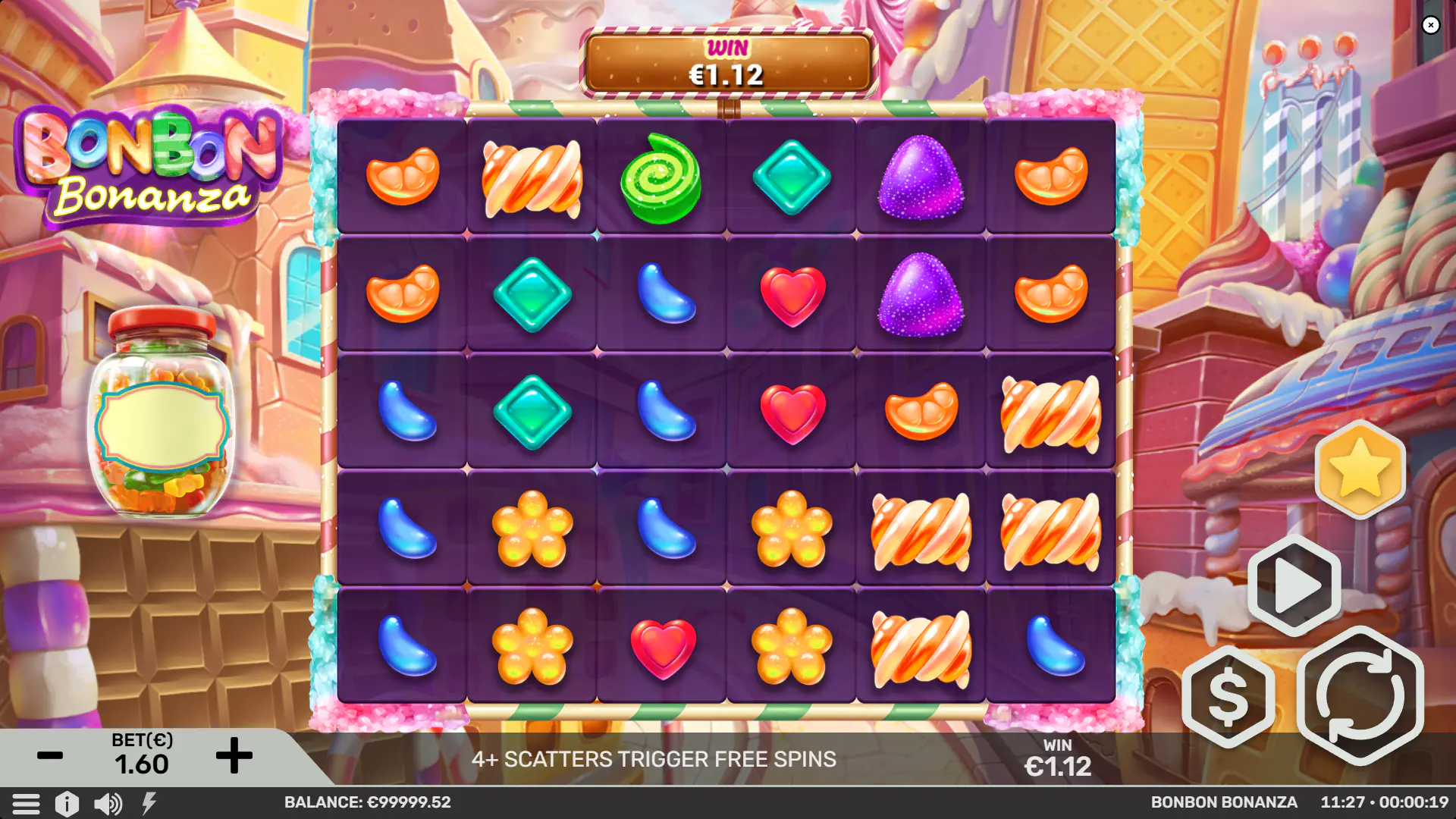 Bonbon Bonanza base game screen with 6x5 reels and candy symbols, showing the core layout players read on every spin