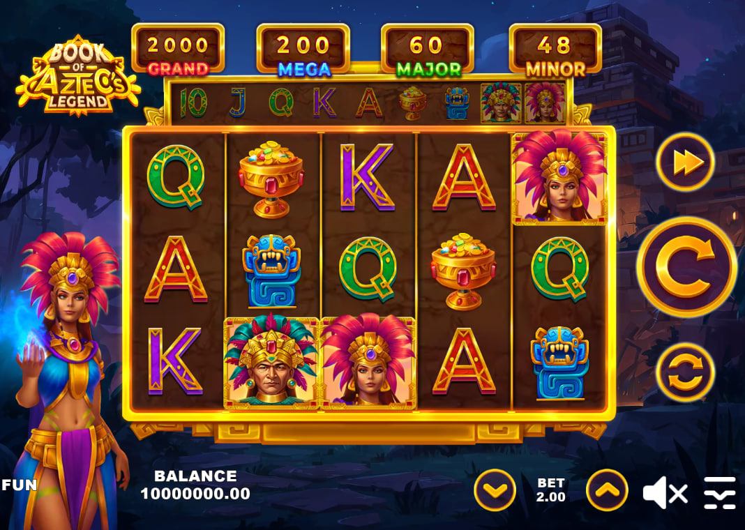 Main gameplay interface of Book of Aztec’s Legend slot showing the 5x3 reels and fixed jackpot values for Grand and Mega prizes.
