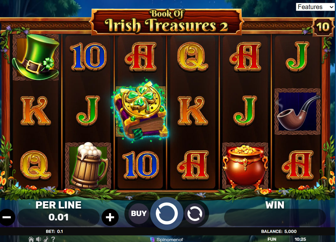 Book Of Irish Treasures 2 slot main game 6-reel grid showing Irish symbols and the Book Scatter Wild which is central to triggering bonuses.