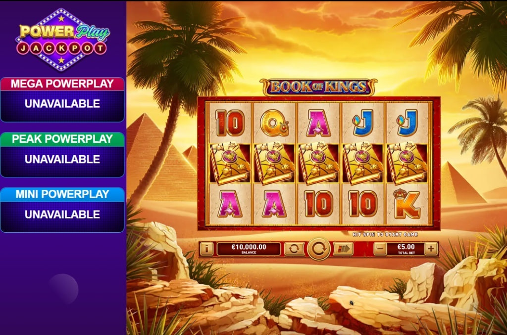 Book of Kings PowerPlay Jackpot slot main interface showing the 5x3 reels and progressive jackpot meters providing crucial balance information.