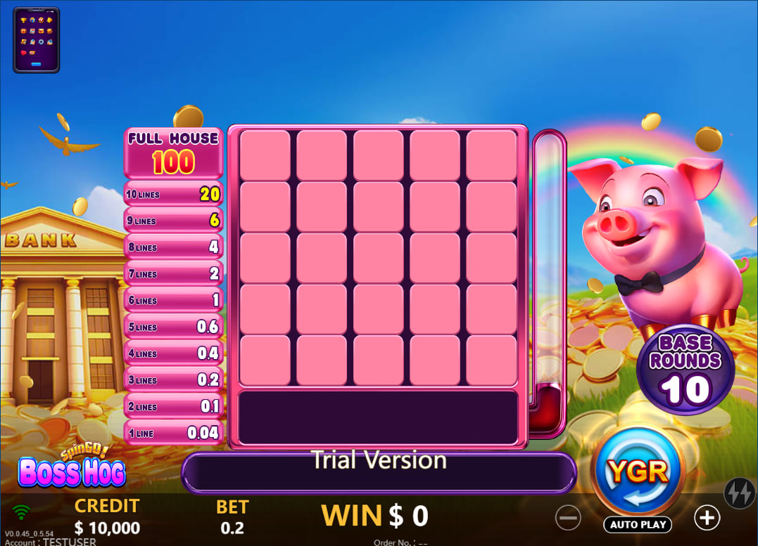 Boss Hog SpinGO! empty 5x5 game grid with the pig mascot showing the starting state for players to track their progress.