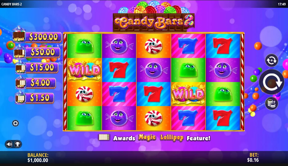 Candy Bars 2 main game screen showing 5x4 reels and five tiered Sweet Prize jackpots ranging from $1.50 to $300.00.