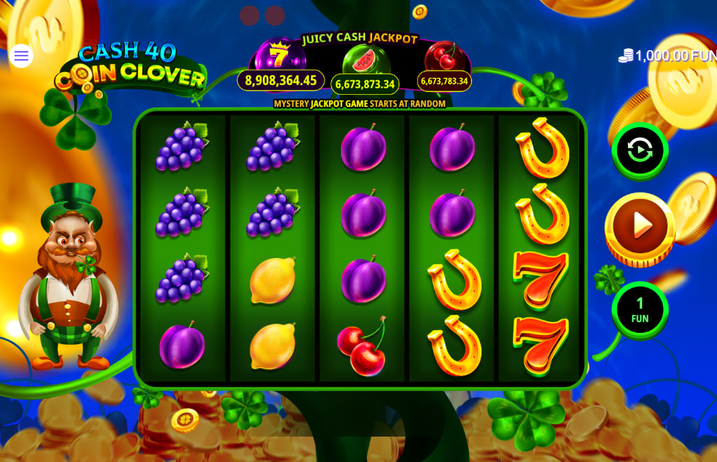 Main gameplay screen of Cash 40 Coin Clover slot showing the 5x4 grid and Leprechaun character, essential for understanding the UI layout.