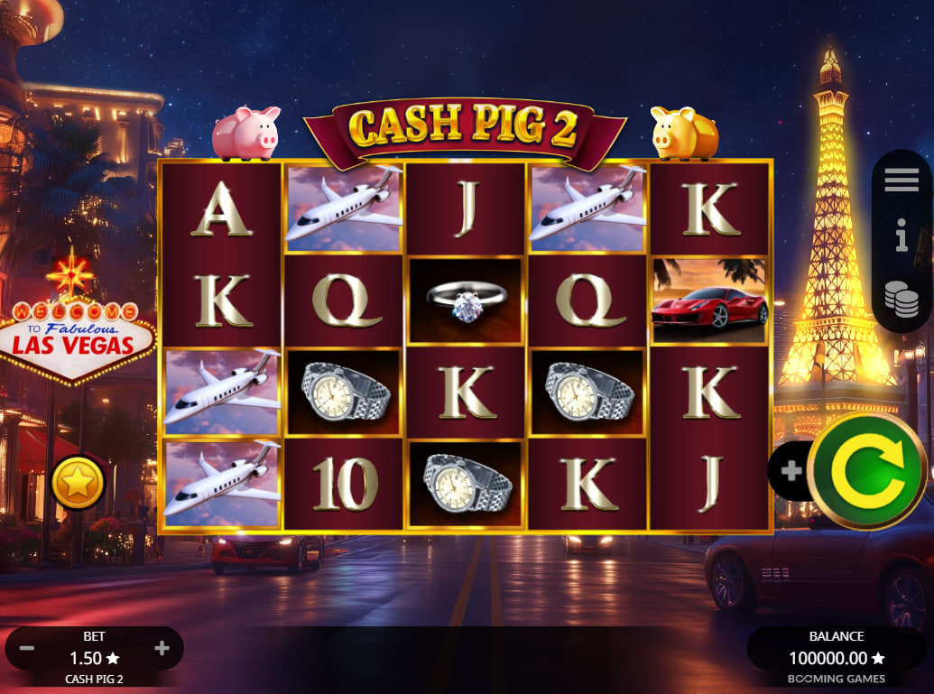 Full list of Cash Pig 2 slot features including Cash Collection and Rich Spin explained on the opening splash screen for player guidance.