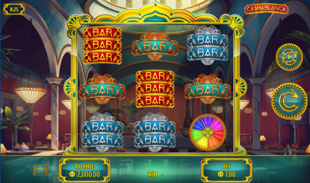 White-uniformed officer standing next to a classic three-by-three reel grid filled with colorful bar symbols to display the vintage slot layout.
