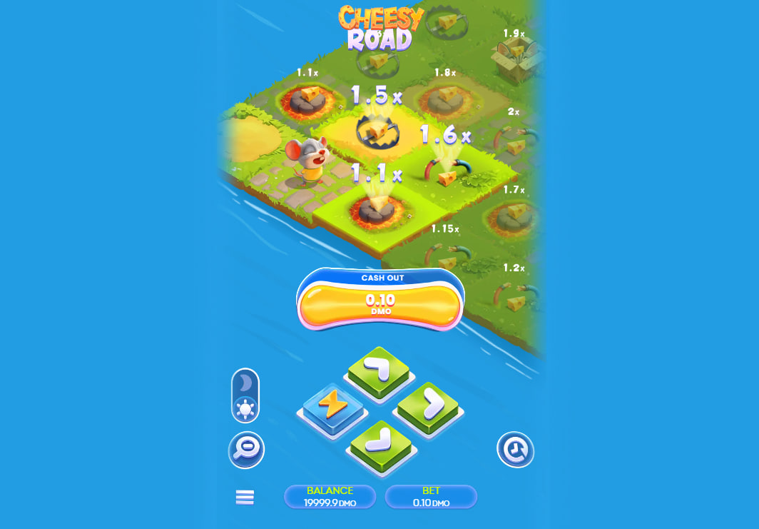 Cheesy Road main interface showing the mouse at the start of the path with bet adjustment buttons to help players set their session stakes.