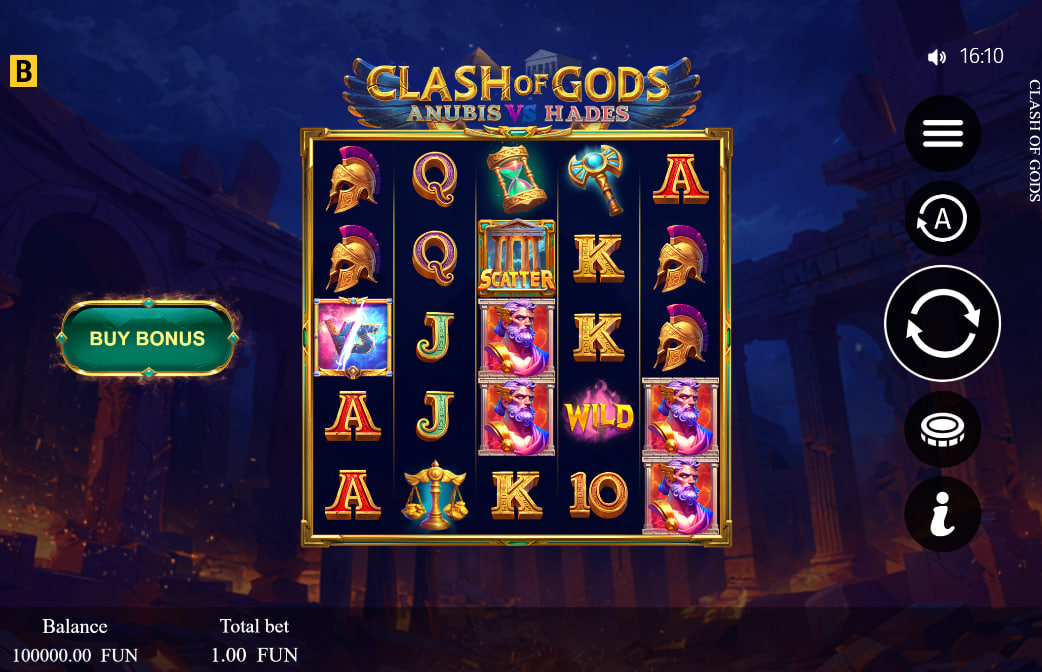 Main interface of Clash of Gods Anubis vs Hades slot showing the 5x3 grid and themed symbols in a divine underworld setting.