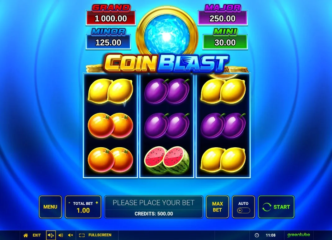 Full view of Coin Blast slot reels showing fruit symbols and the four fixed jackpot prize amounts displayed above the grid.