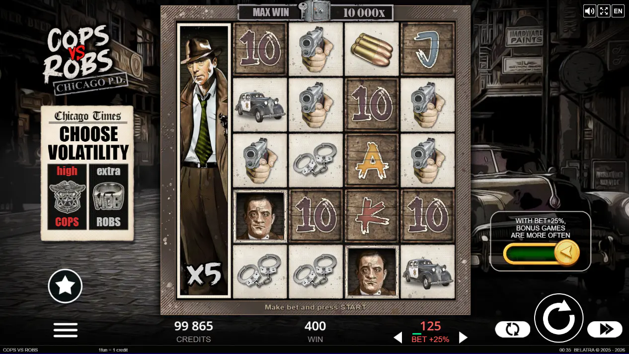 The Choose Your Side volatility selection screen in Cops vs Robs slot showing high and extra volatility options