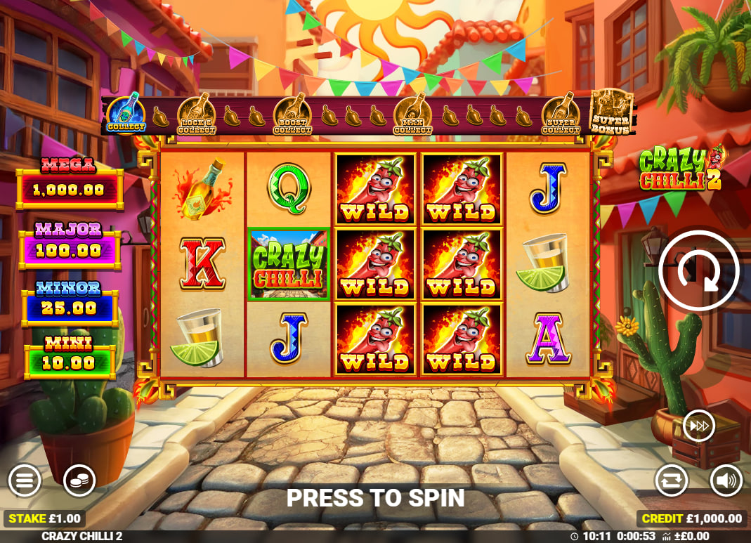 Full 5x3 reel grid of Crazy Chilli 2 slot showing the Mexican street setting and jackpot values on the left for player tracking.