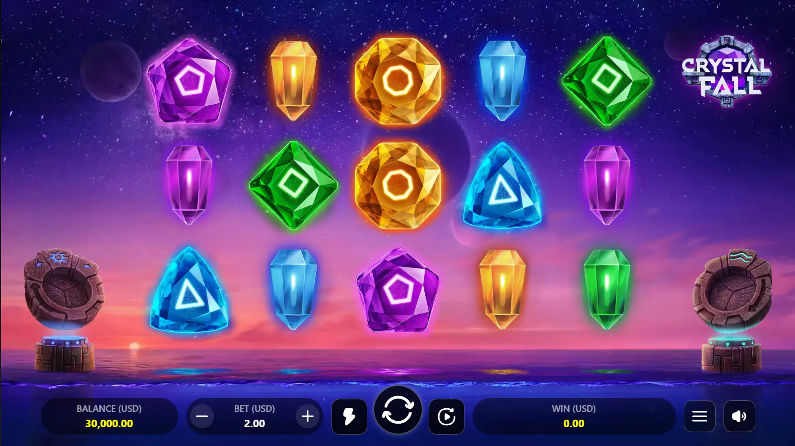 The base game grid of the Crystal Fall slot, showing the 5x3 layout with gem symbols and the two feature collection meters on either side.