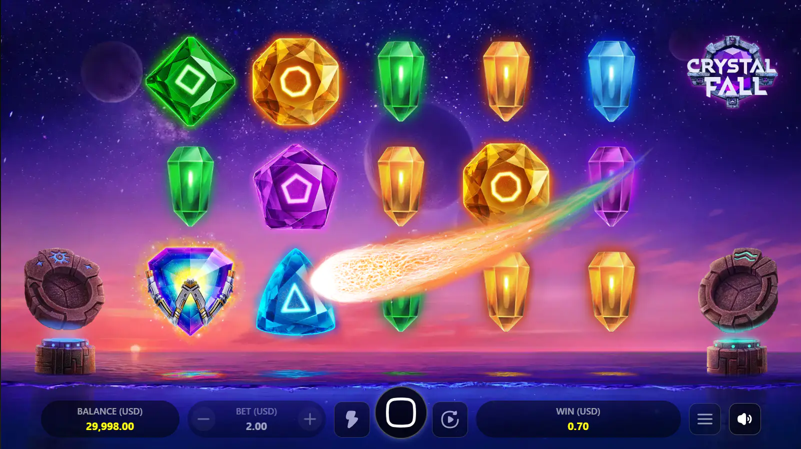The Wild Energy feature activating in Crystal Fall, where a comet of light flies from a winning cluster towards the scatter-bar, illustrating the core collection mechanic.