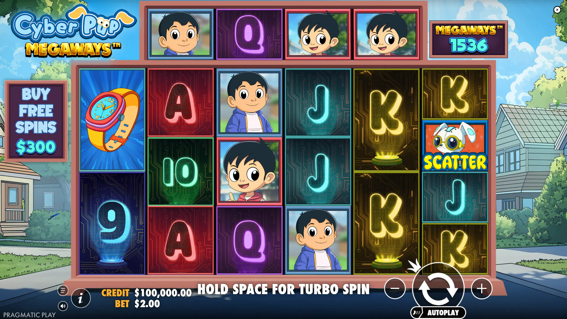 The main game grid of Cyber Pup Megaways slot, showing the 6-reel layout with the top tracker reel and anime-style symbols.