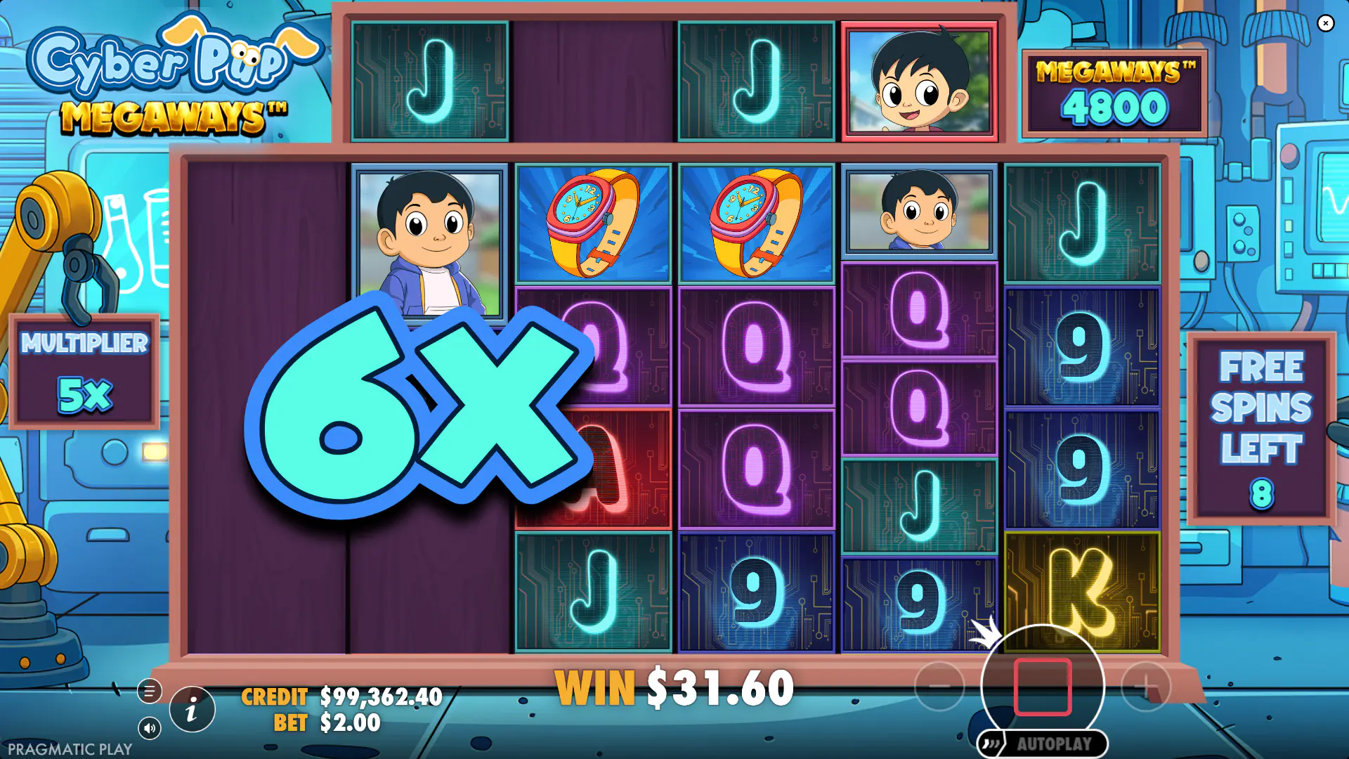 The Free Spins bonus round in Cyber Pup Megaways displaying a win multiplier that has increased after a tumble win.