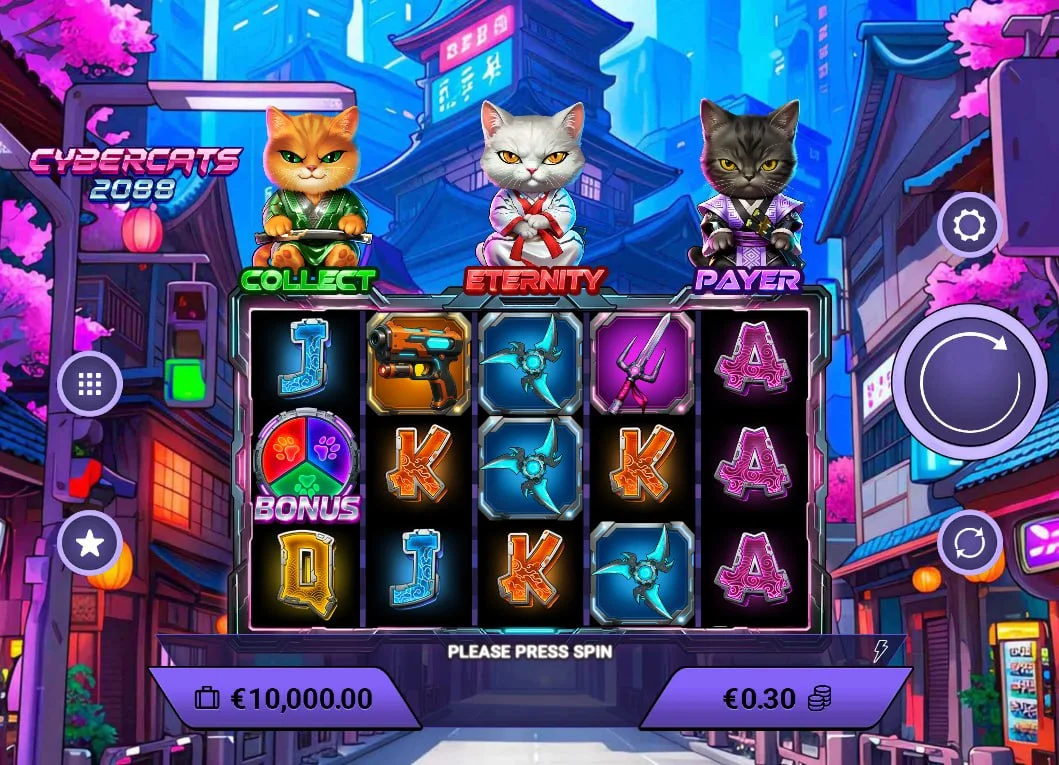 Cybercats 2088 main game screen showing neon cats above the reels and sci-fi weapon symbols on a 5x3 grid for base game play.