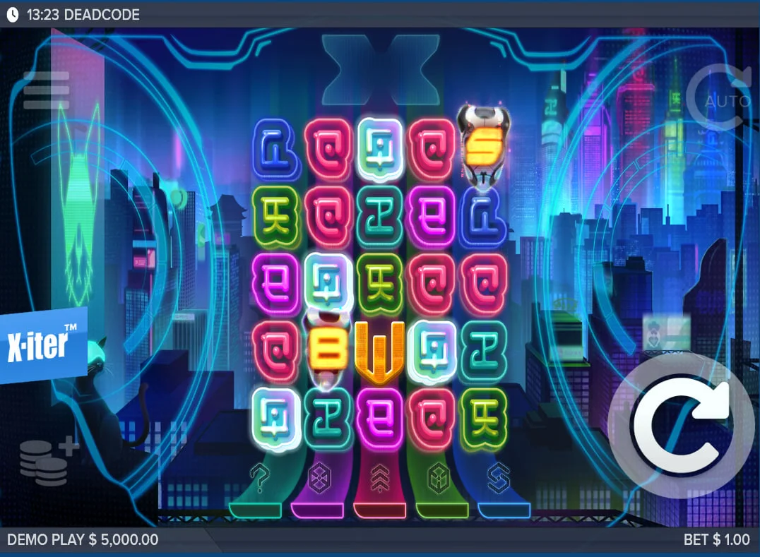 Deadcode slot 5x5 base game grid with neon symbols and subroutine collectors, showing the starting layout for players.