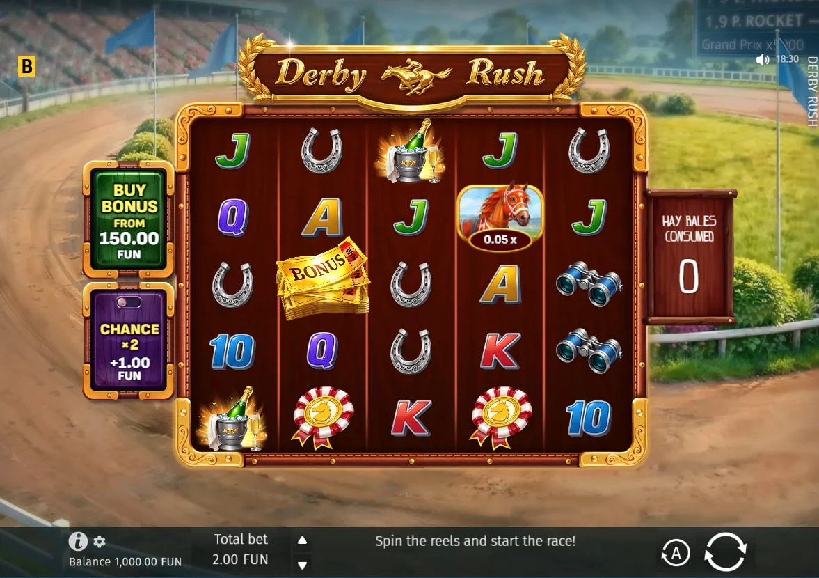 Derby Rush slot main interface showing horse prize symbols and the hay bale spin counter to track game progress.