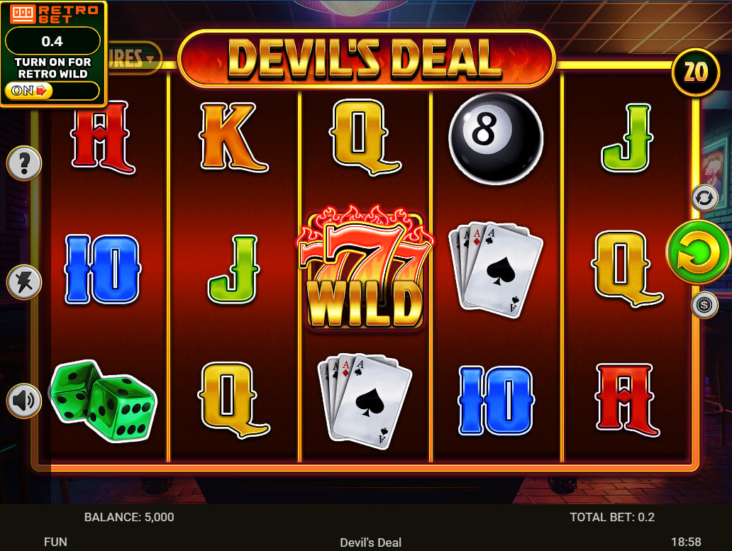 Main gameplay screen of Devil's Deal slot showing the 5x3 grid with playing cards and 8-ball symbols which helps players identify the classic gambling theme.